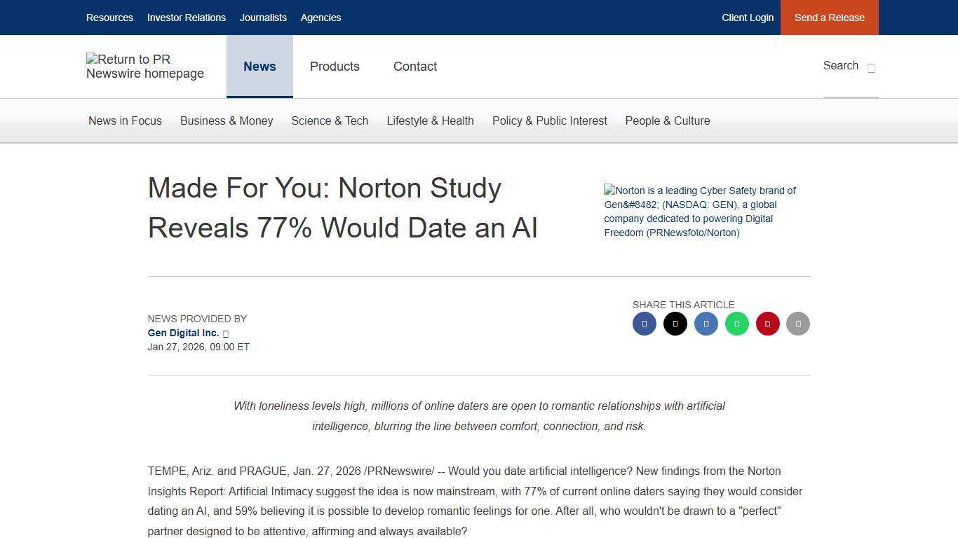 Made For You: Norton Study Reveals 77% Would Date an AI